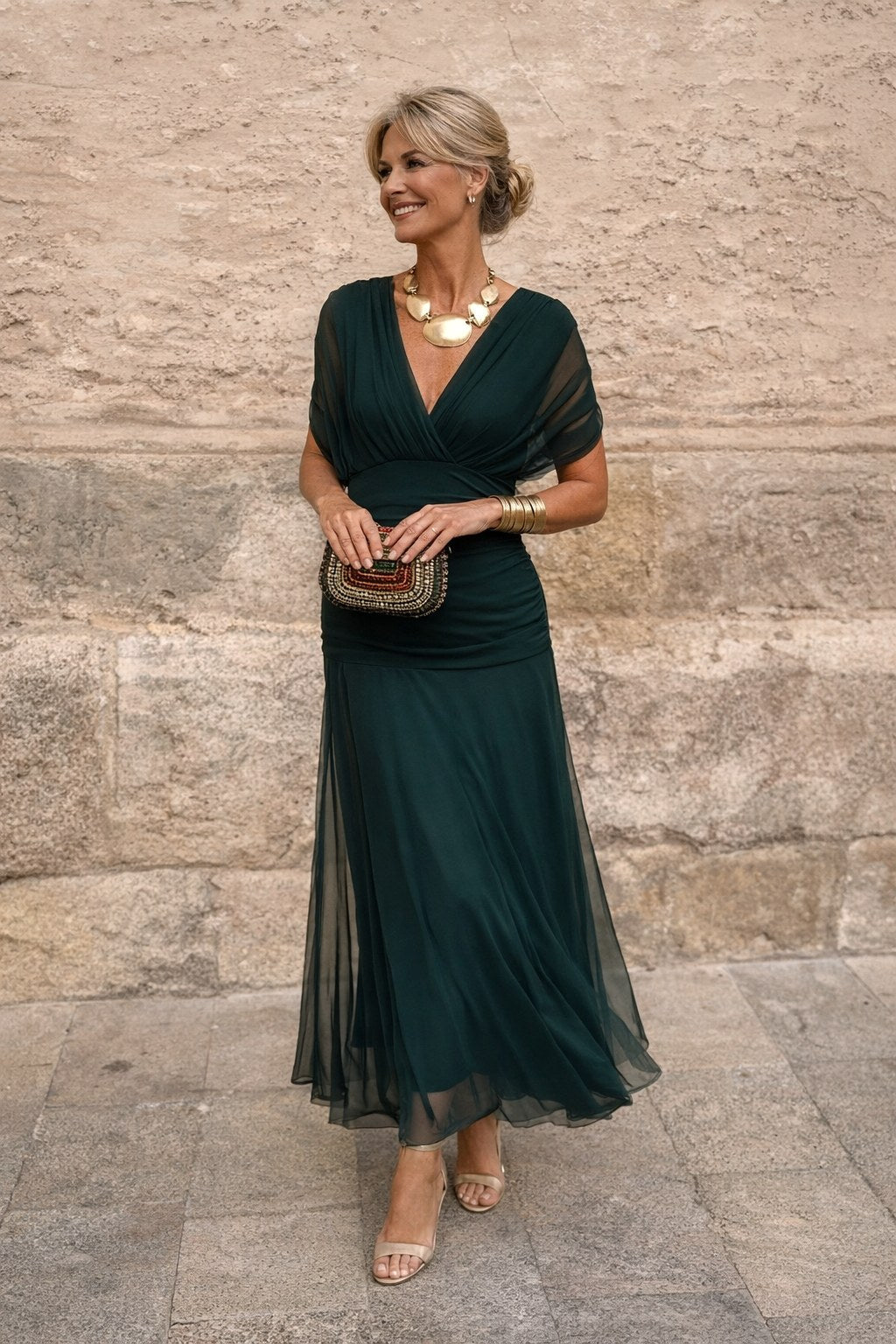 Aurelie | Women's V-Neck Chiffon Maxi Dress, Flowing Autumn Maxi Dress | Everlasting Boutique | Dark Green