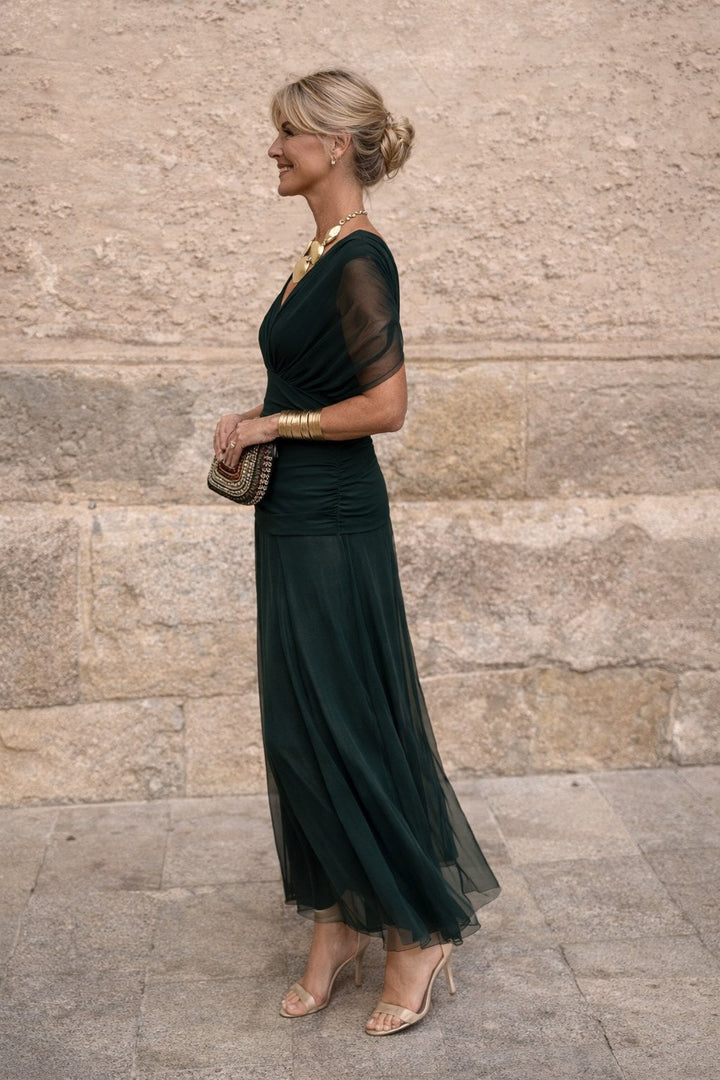 Aurelie | Women's V-Neck Chiffon Maxi Dress, Flowing Autumn Maxi Dress | Everlasting Boutique | Green