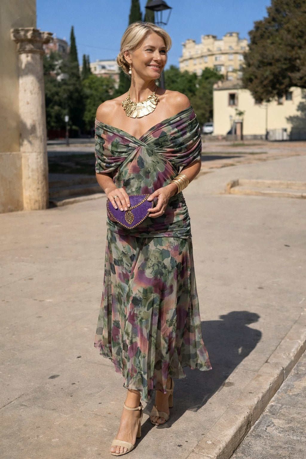 Aurelie | Women's V-Neck Chiffon Maxi Dress, Flowing Autumn Maxi Dress | Everlasting Boutique | Brown