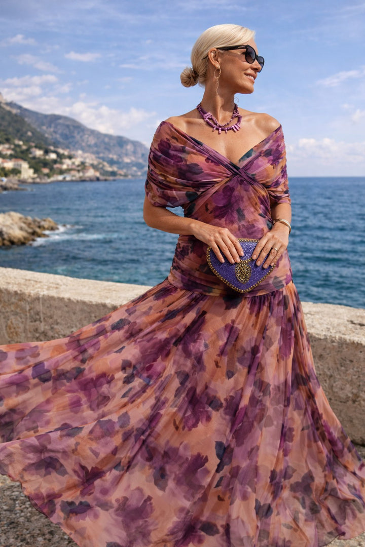 Aurelie | Women's V-Neck Chiffon Maxi Dress, Flowing Autumn Maxi Dress | Everlasting Boutique
