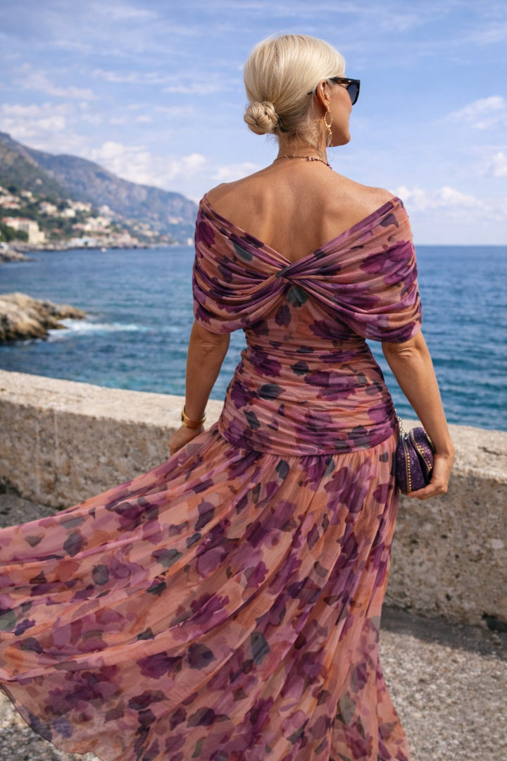 Aurelie | Women's V-Neck Chiffon Maxi Dress, Flowing Autumn Maxi Dress | Everlasting Boutique