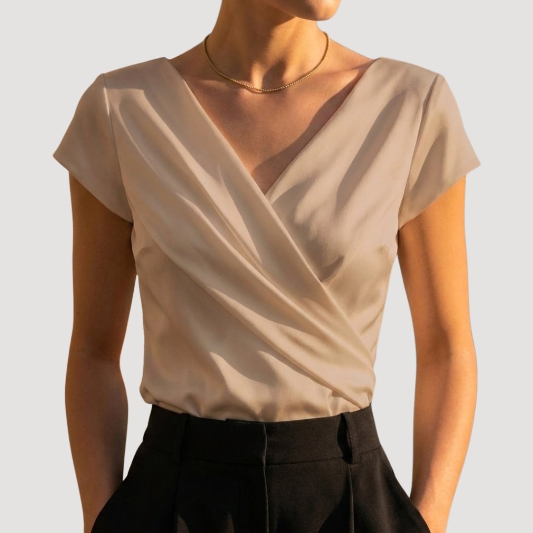 Bella | Women's Draped V-Neck Blouse, Short-Sleeve Wrap Top | Everlasting Boutique