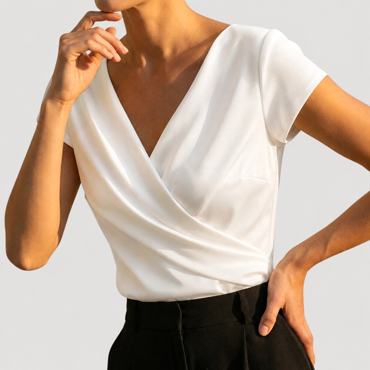 Bella | Women's Draped V-Neck Blouse, Short-Sleeve Wrap Top | Everlasting Boutique