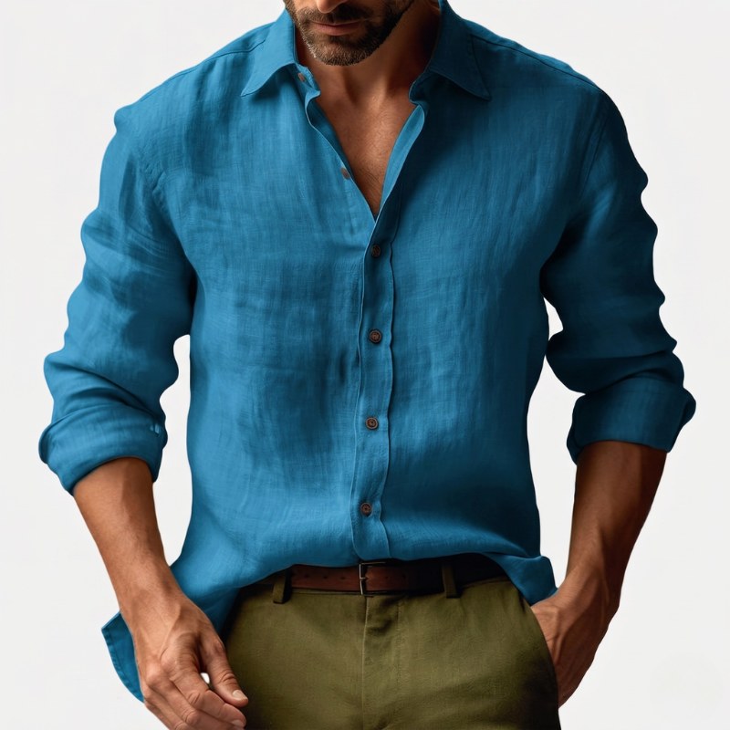 Benjamin | Men's Linen Shirt with Button-Down Collar, Long Sleeves Casual Shirt | Everlasting Boutique | Blue