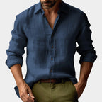 Benjamin | Men's Linen Shirt with Button-Down Collar, Long Sleeves Casual Shirt | Everlasting Boutique | Navy Blue