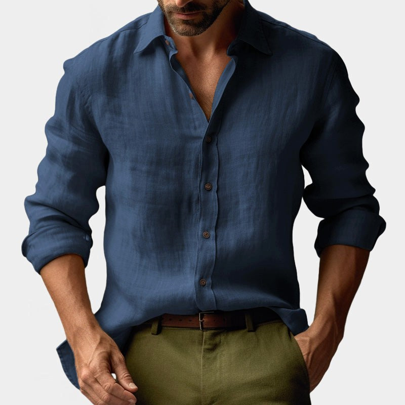 Benjamin | Men's Linen Shirt with Button-Down Collar, Long Sleeves Casual Shirt | Everlasting Boutique | Navy Blue