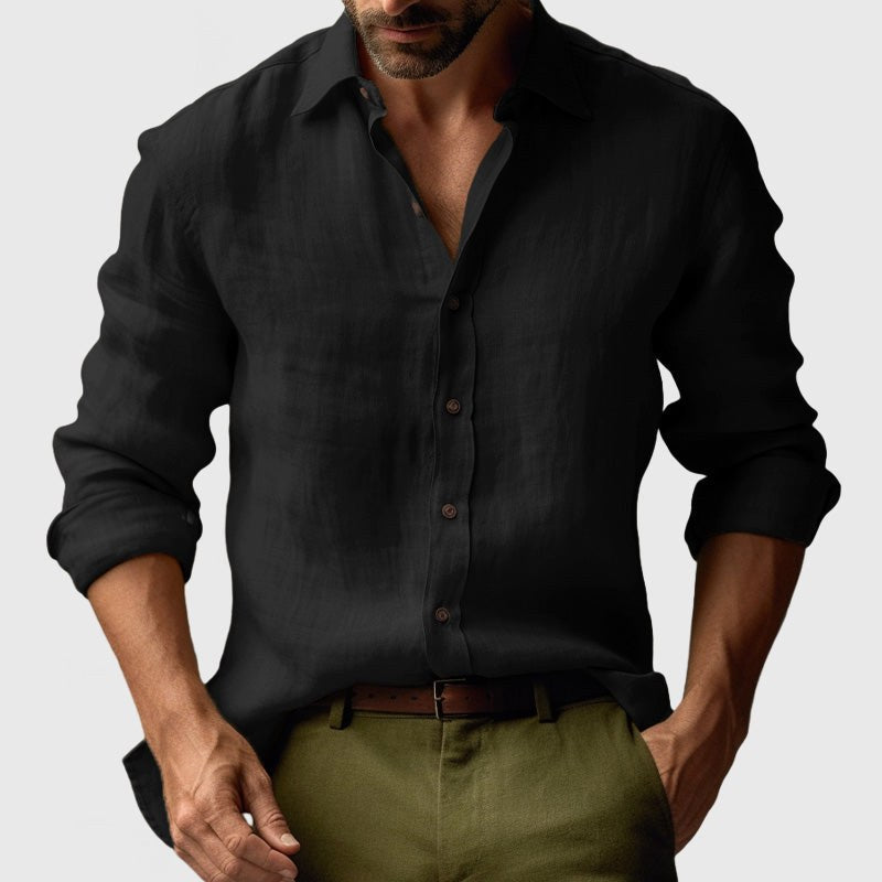 Benjamin | Men's Linen Shirt with Button-Down Collar, Long Sleeves Casual Shirt | Everlasting Boutique | Black