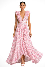 Bernadette | Women's Floral Maxi Dress with V-Neck and Ruffled Shoulders, Wedding Guest Dress | Everlasting Boutique | Pink