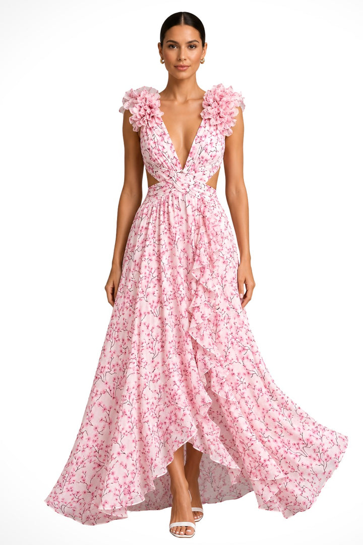 Bernadette | Women's Floral Maxi Dress with V-Neck and Ruffled Shoulders, Wedding Guest Dress | Everlasting Boutique | Pink