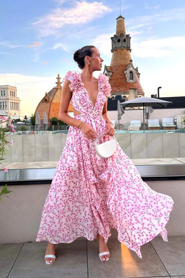 Bernadette | Women's Floral Maxi Dress with V-Neck and Ruffled Shoulders, Wedding Guest Dress | Everlasting Boutique | Orange