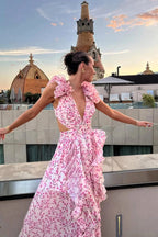 Bernadette | Women's Floral Maxi Dress with V-Neck and Ruffled Shoulders, Wedding Guest Dress | Everlasting Boutique