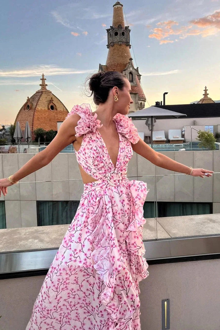 Bernadette | Women's Floral Maxi Dress with V-Neck and Ruffled Shoulders, Wedding Guest Dress | Everlasting Boutique