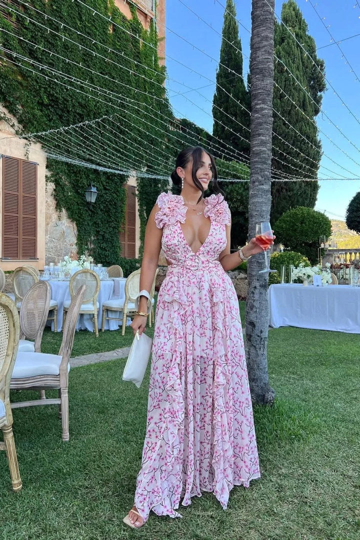 Bernadette | Women's Floral Maxi Dress with V-Neck and Ruffled Shoulders, Wedding Guest Dress | Everlasting Boutique