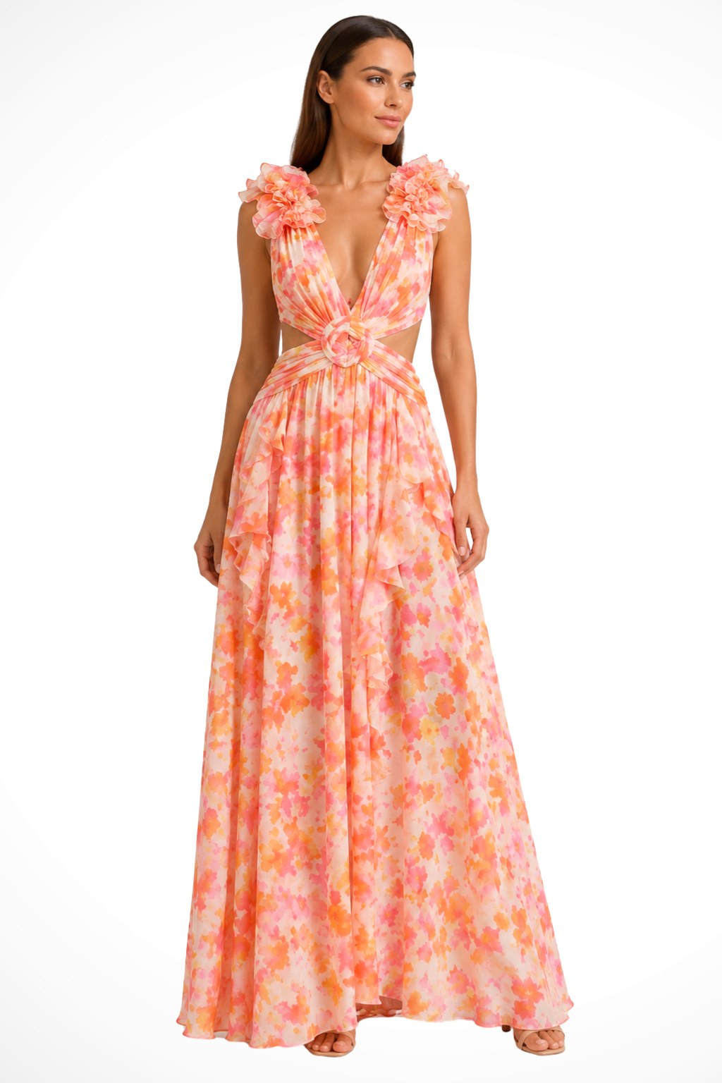 Bernadette | Women's Floral Maxi Dress with V-Neck and Ruffled Shoulders, Wedding Guest Dress | Everlasting Boutique