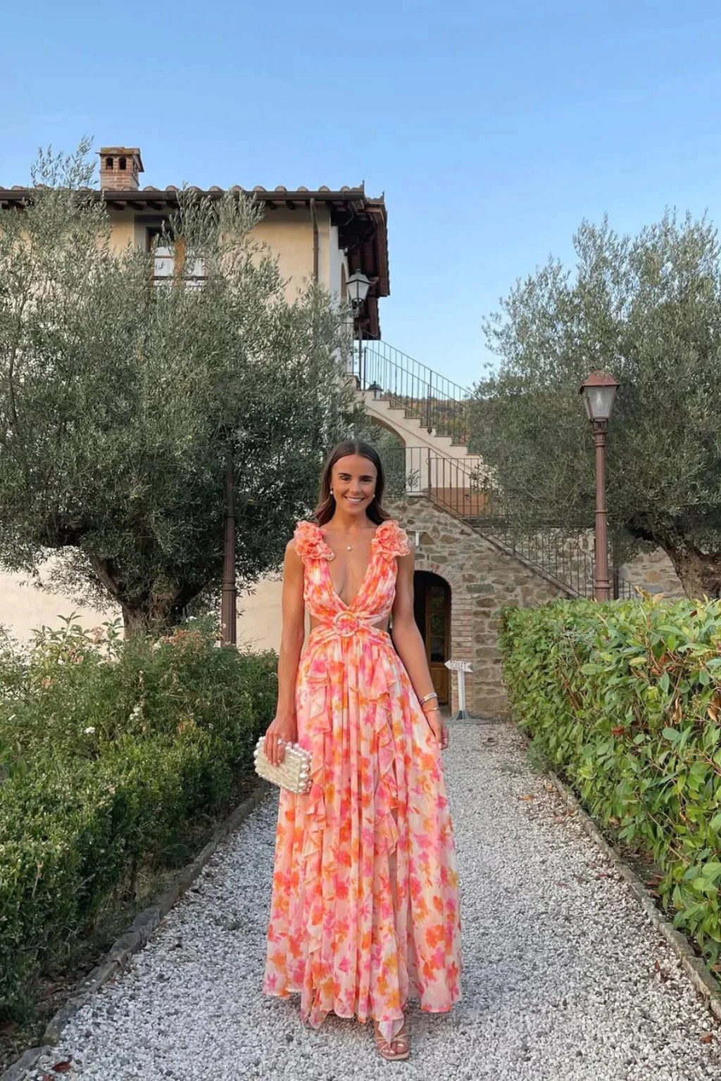 Bernadette | Women's Floral Maxi Dress with V-Neck and Ruffled Shoulders, Wedding Guest Dress | Everlasting Boutique