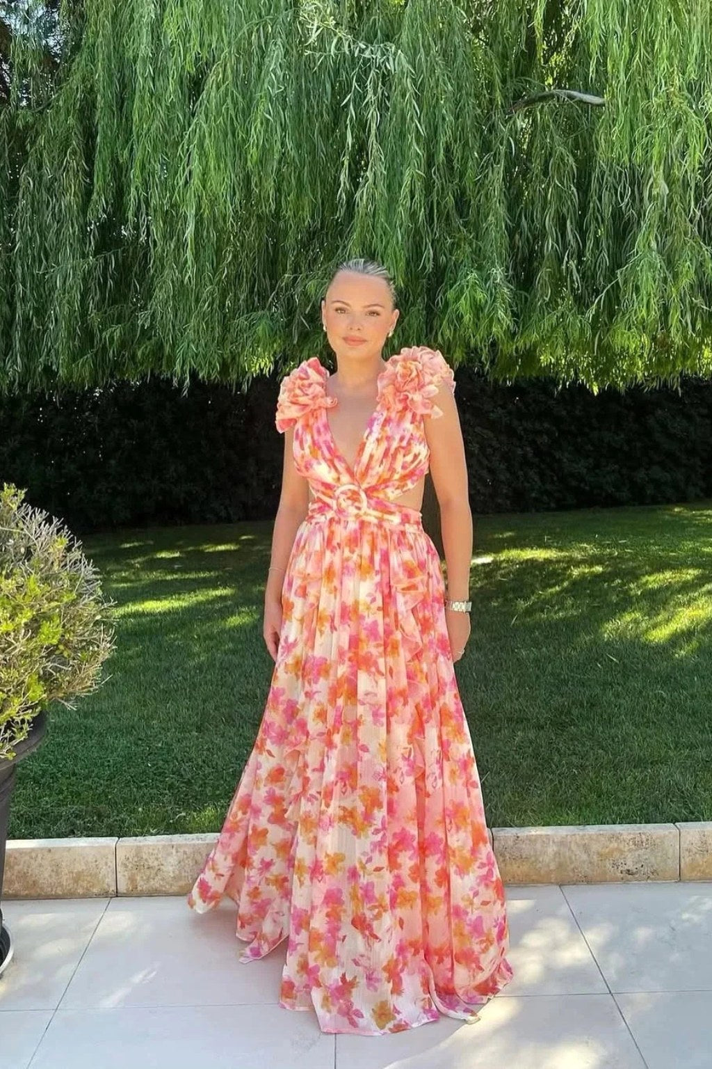 Bernadette | Women's Floral Maxi Dress with V-Neck and Ruffled Shoulders, Wedding Guest Dress | Everlasting Boutique