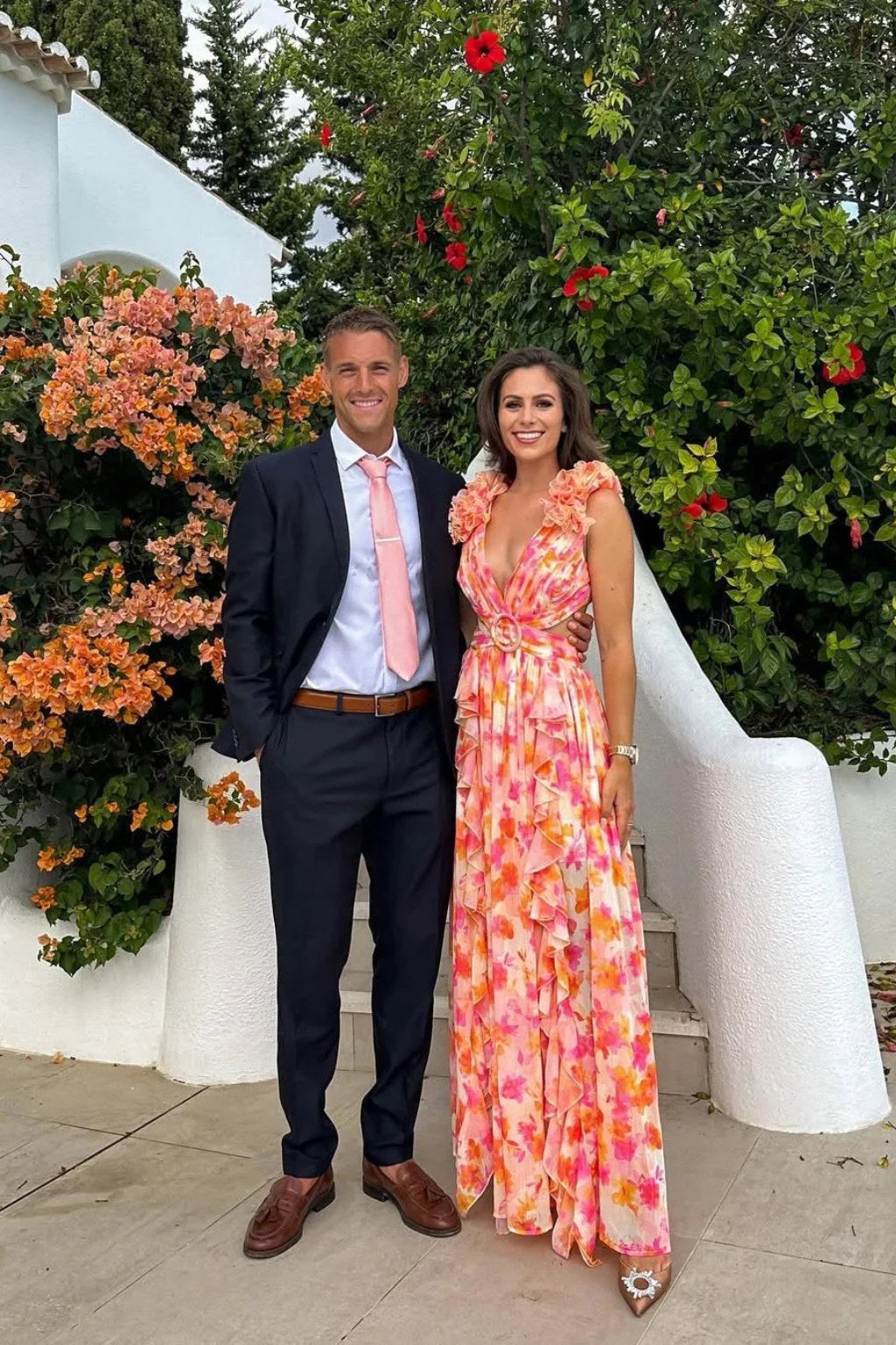 Bernadette | Women's Floral Maxi Dress with V-Neck and Ruffled Shoulders, Wedding Guest Dress | Everlasting Boutique