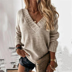 Brielle | Women's Relaxed V-Neck Oversized Jumper, Chunky Knit Sweater | Animated Apparel | Beige