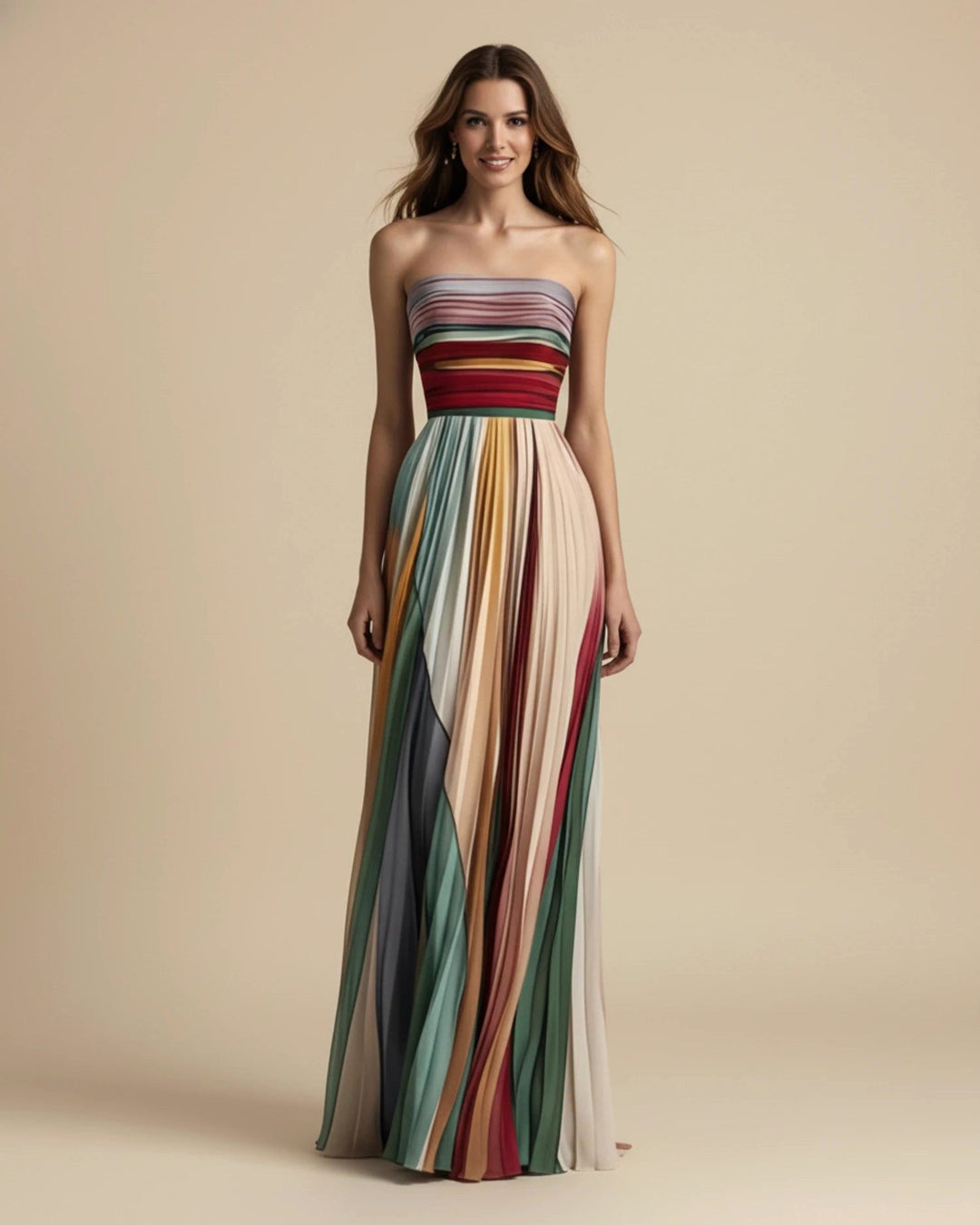 Camille | Women's Strapless Pleated Maxi Dress, Multicoloured Striped Evening Dress | Everlasting Boutique | Multicoulored