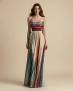 Camille | Women's Strapless Pleated Maxi Dress, Multicoloured Striped Evening Dress | Everlasting Boutique | Multicoulored