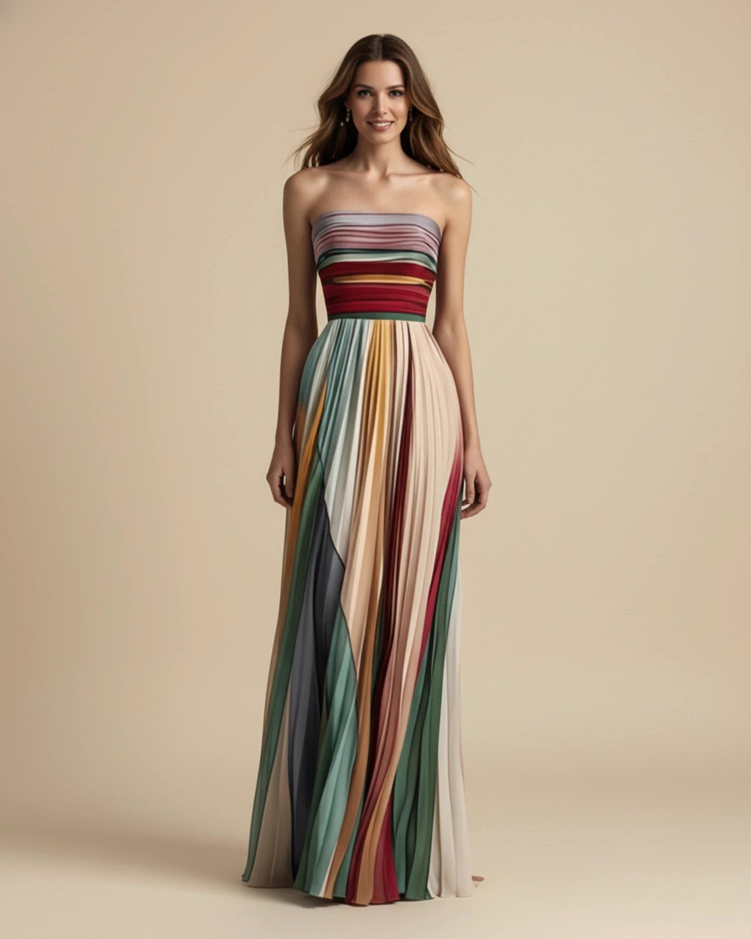 Camille | Women's Strapless Pleated Maxi Dress, Multicoloured Striped Evening Dress | Everlasting Boutique | Multicoulored