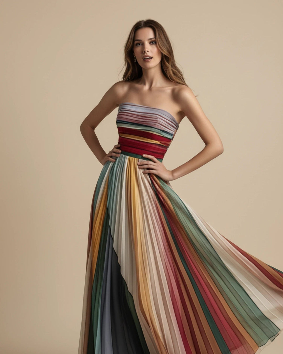 Camille | Women's Strapless Pleated Maxi Dress, Multicoloured Striped Evening Dress | Everlasting Boutique