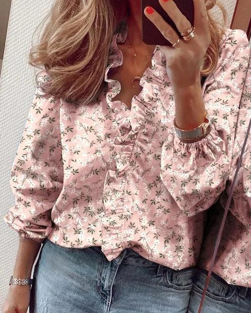 Celeste | Women's Ruffle V-Neck Blouse, Long-Sleeve Casual Blouse | Everlasting Boutique | Black