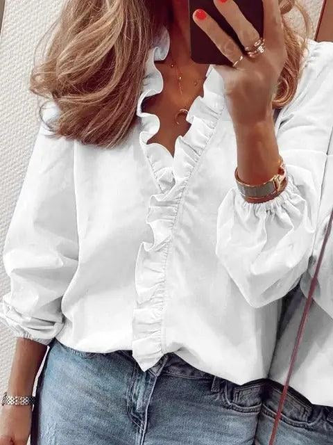 Celeste | Women's Ruffle V-Neck Blouse, Long-Sleeve Casual Blouse | Everlasting Boutique