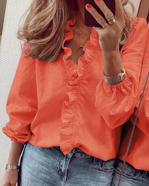 Celeste | Women's Ruffle V-Neck Blouse, Long-Sleeve Casual Blouse | Everlasting Boutique
