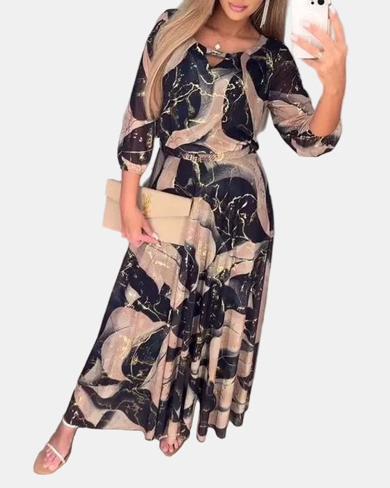 Charlotte | Women's Patterned Chiffon Dress, Three-Quarter Sleeve Dress | Everlasting Boutique