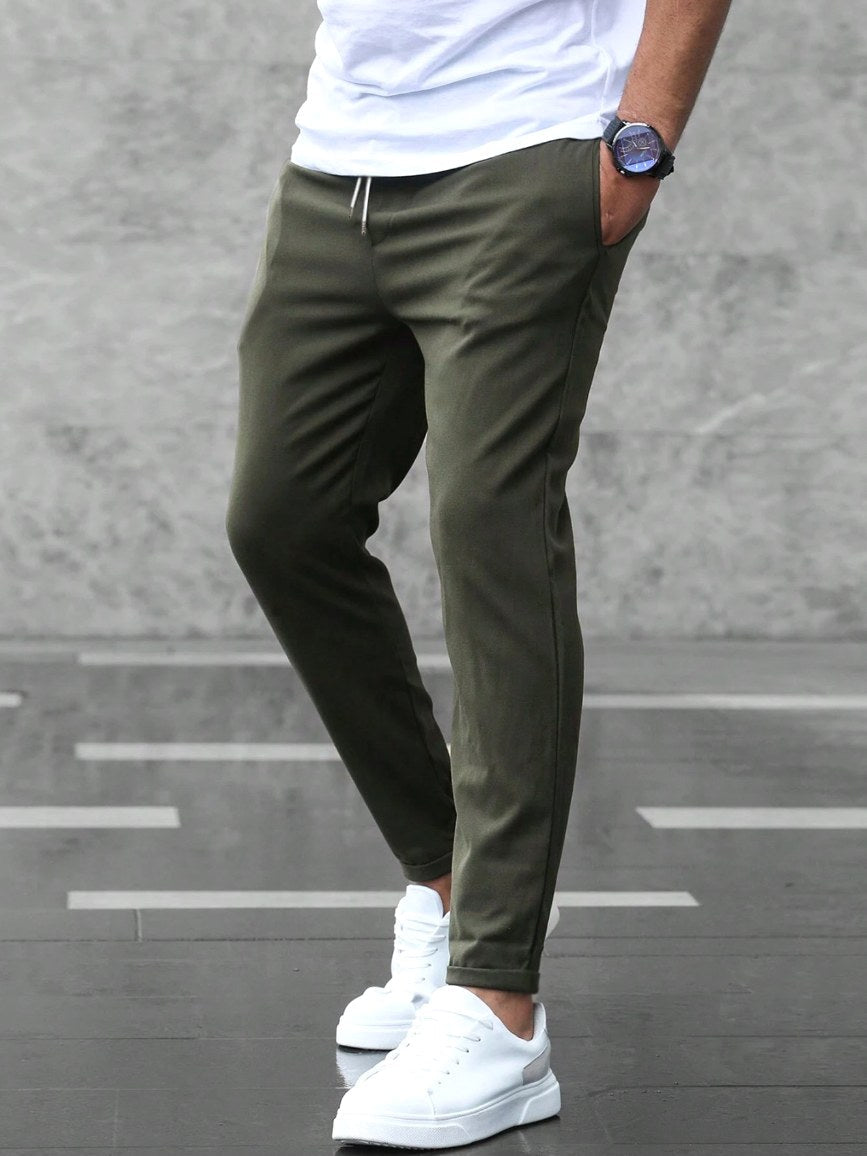 Christian | Men's Slim Fit Trousers with Drawstring, Dark Blue Chinos | Everlasting Boutique | Army Green