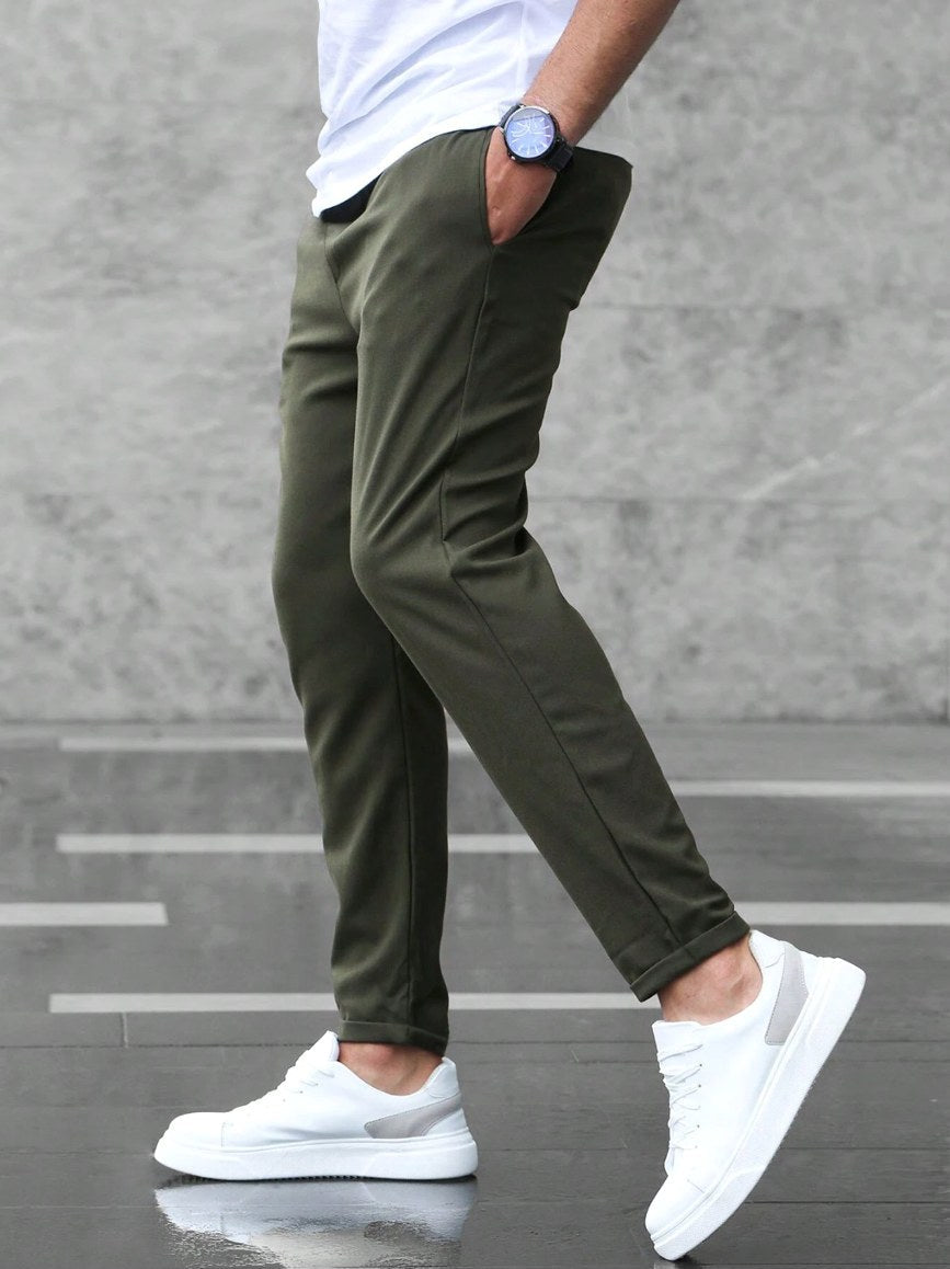 Christian | Men's Slim Fit Trousers with Drawstring, Dark Blue Chinos | Everlasting Boutique | Army Green