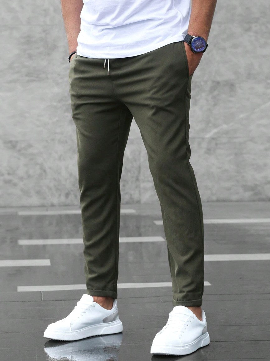 Christian | Men's Slim Fit Trousers with Drawstring, Dark Blue Chinos | Everlasting Boutique | Army Green