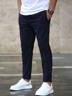 Christian | Men's Slim Fit Trousers with Drawstring, Dark Blue Chinos | Everlasting Boutique | Black