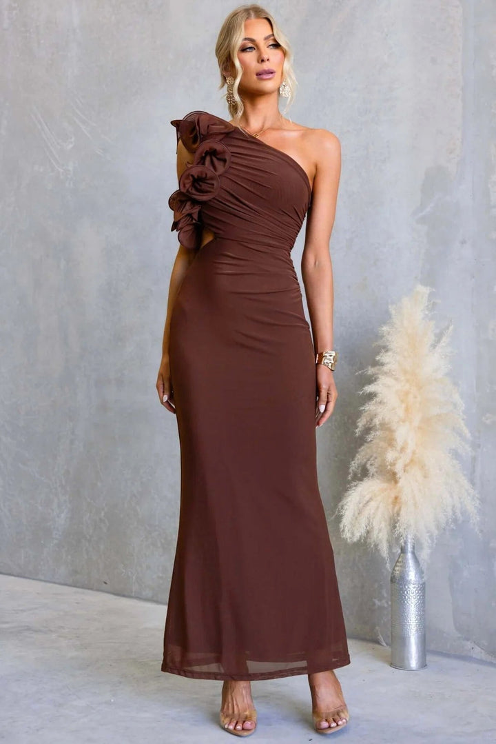 Claudine | Women's One-Shoulder Maxi Dress with Ruffled Detail, Flowing Autumn Maxi Dress | Everlasting Boutique | Burgundy