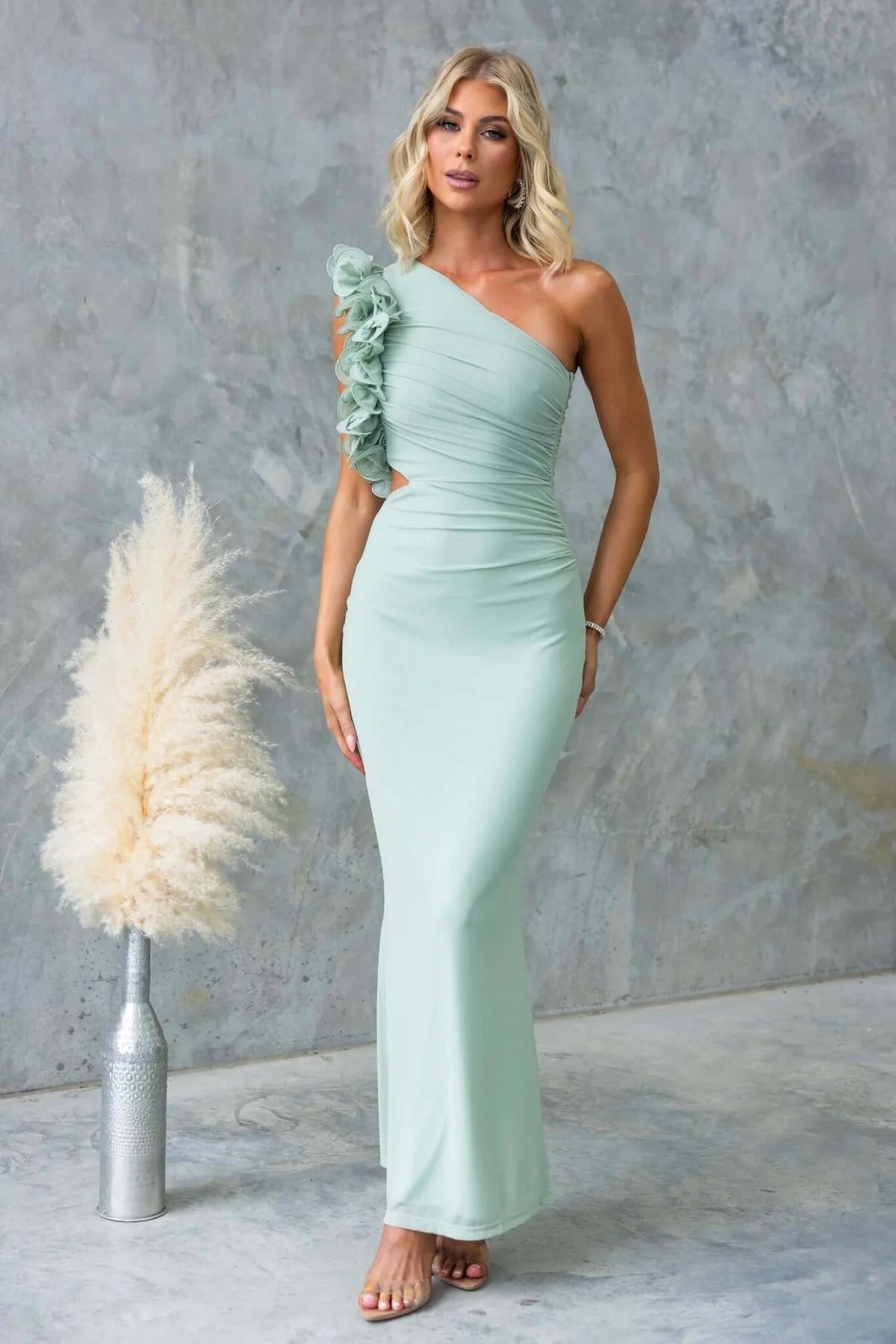 Claudine | Women's One-Shoulder Maxi Dress with Ruffled Detail, Flowing Autumn Maxi Dress | Everlasting Boutique