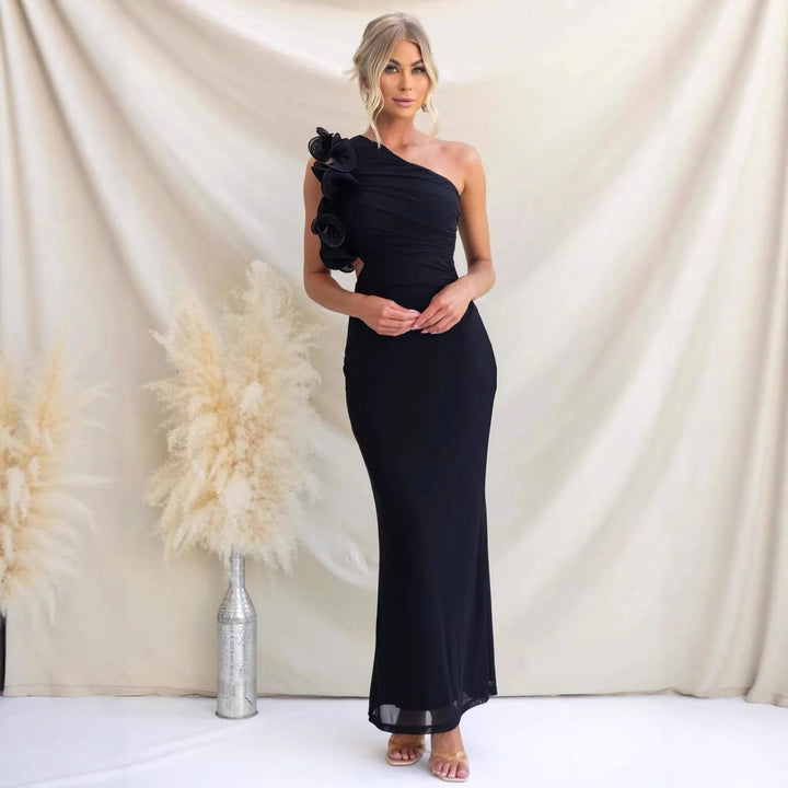 Claudine | Women's One-Shoulder Maxi Dress with Ruffled Detail, Flowing Autumn Maxi Dress | Everlasting Boutique | Pink