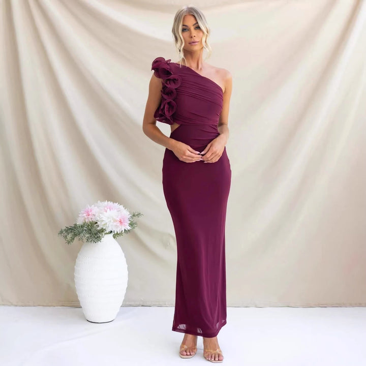 Claudine | Women's One-Shoulder Maxi Dress with Ruffled Detail, Flowing Autumn Maxi Dress | Everlasting Boutique | Black