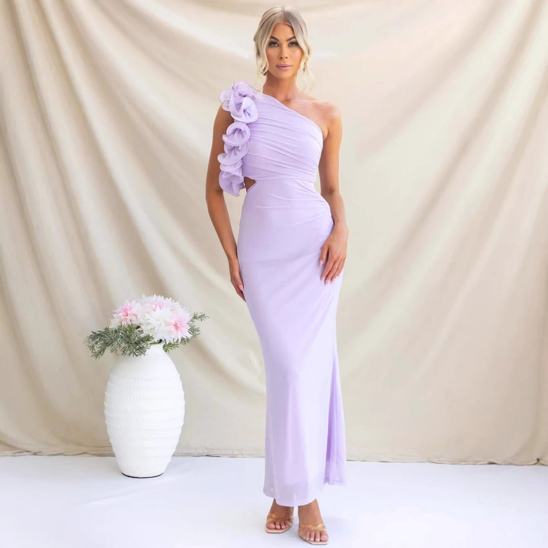 Claudine | Women's One-Shoulder Maxi Dress with Ruffled Detail, Flowing Autumn Maxi Dress | Everlasting Boutique | Sky Blue