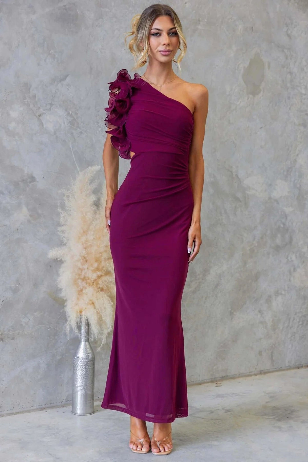 Claudine | Women's One-Shoulder Maxi Dress with Ruffled Detail, Flowing Autumn Maxi Dress | Everlasting Boutique | Coffee