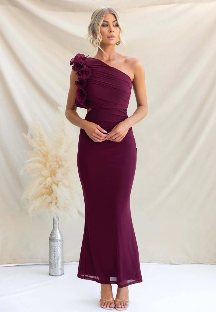 Claudine | Women's One-Shoulder Maxi Dress with Ruffled Detail, Flowing Autumn Maxi Dress | Everlasting Boutique | Light Yellow
