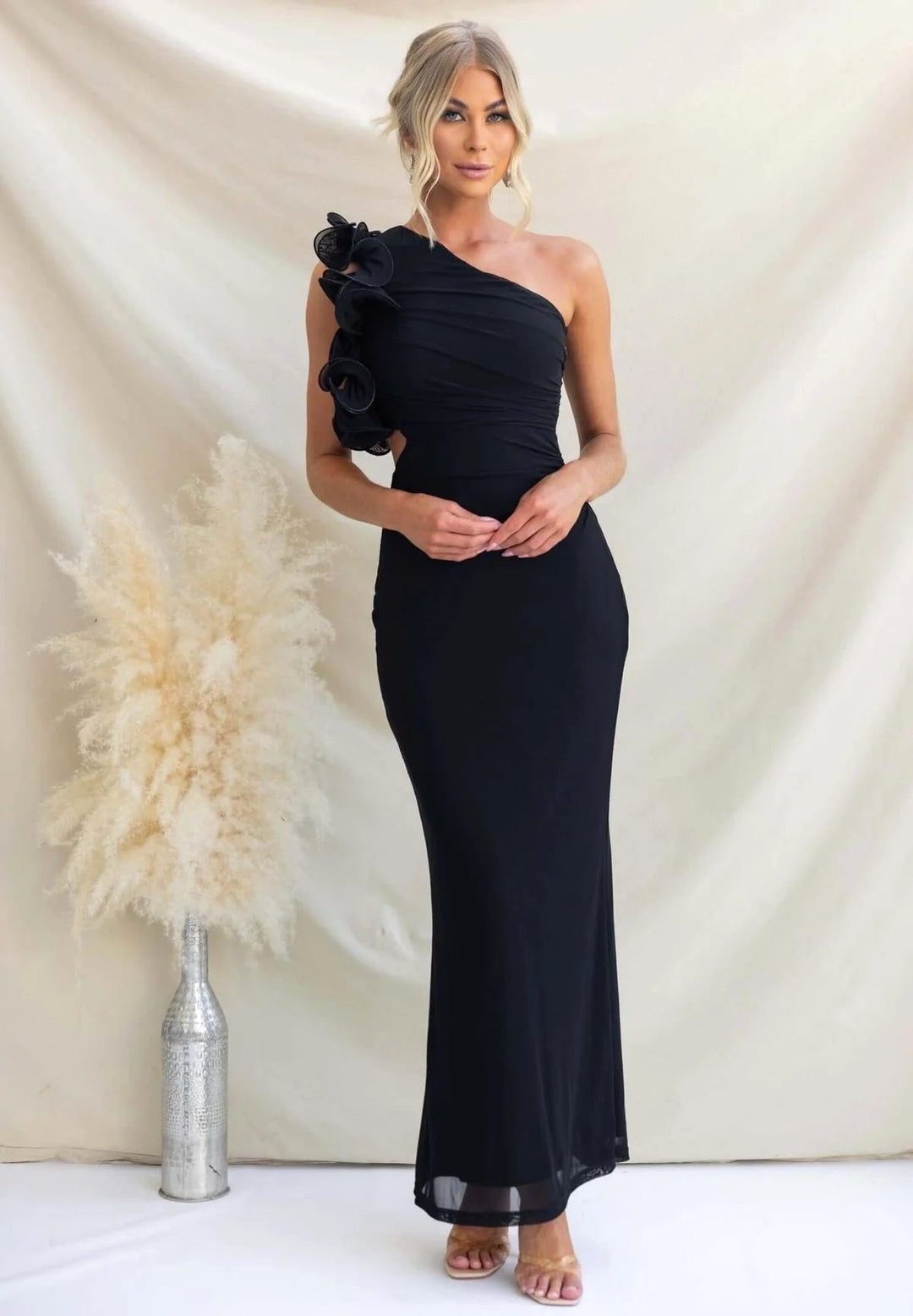 Claudine | Women's One-Shoulder Maxi Dress with Ruffled Detail, Flowing Autumn Maxi Dress | Everlasting Boutique | Red