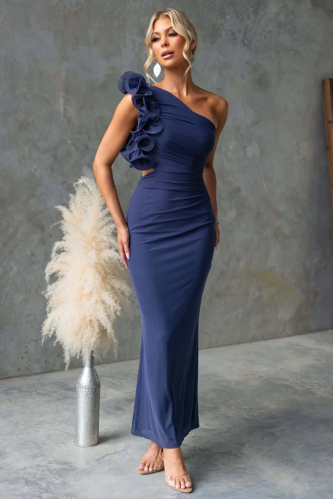 Claudine | Women's One-Shoulder Maxi Dress with Ruffled Detail, Flowing Autumn Maxi Dress | Everlasting Boutique | Green