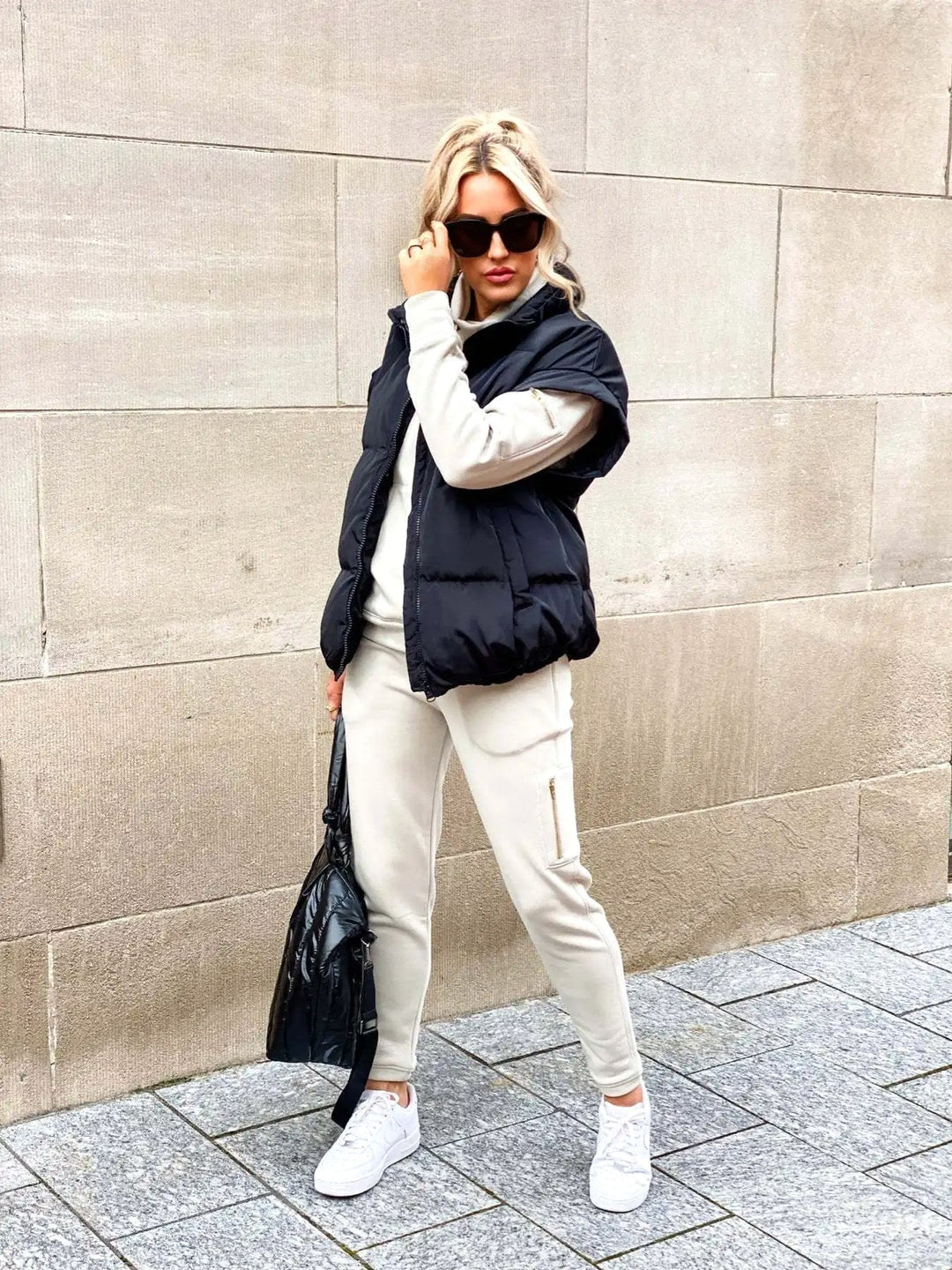 Colette | Women's Sleeveless Quilted Puffer Vest, Stand Collar Gilet | Everlasting Boutique | Beige
