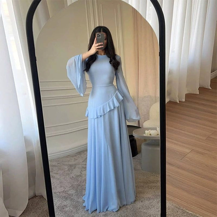 Colette | Women's Tiered Maxi Dress with Bell Sleeves, Formal Wedding Guest Dress | Everlasting Boutique | Light Blue