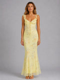 Connie | Women's Floral Maxi Dress with Ruffle Straps, Summer Evening Dress | Everlasting Boutique | Yellow