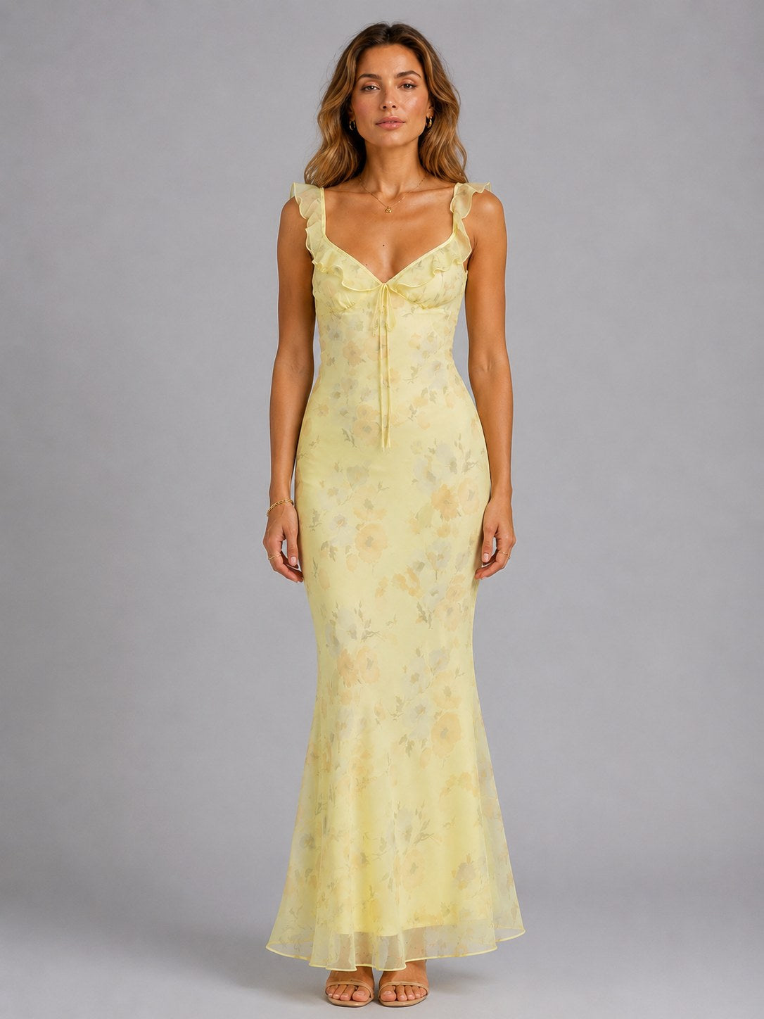 Connie | Women's Floral Maxi Dress with Ruffle Straps, Summer Evening Dress | Everlasting Boutique | Yellow
