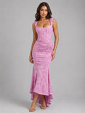 Cora | Women's Floral Corset Maxi Dress, Asymmetrical Hem Maxi Dress | Everlasting Boutique | Pink
