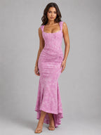 Cora | Women's Floral Corset Maxi Dress, Asymmetrical Hem Maxi Dress | Everlasting Boutique | Pink