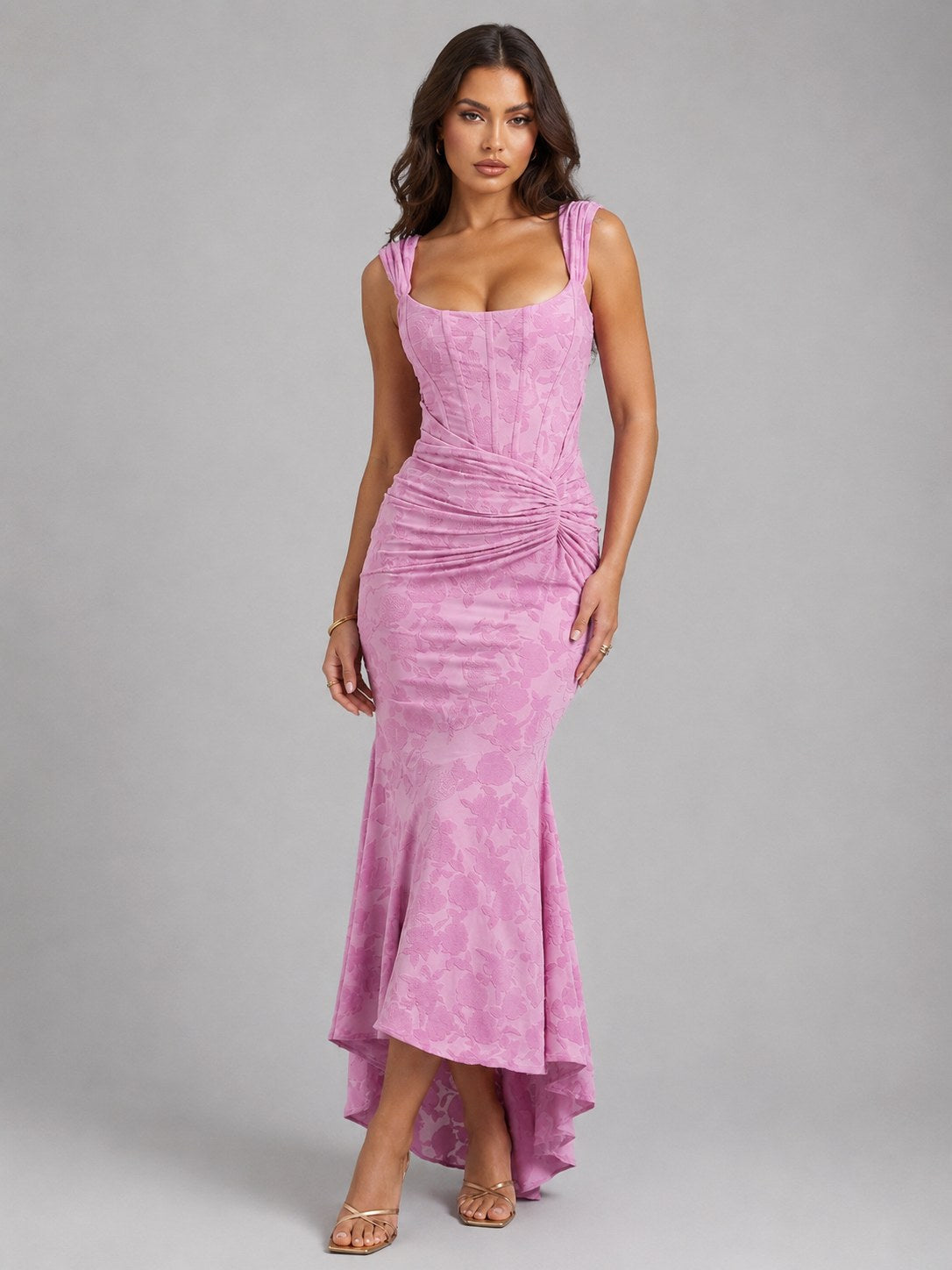 Cora | Women's Floral Corset Maxi Dress, Asymmetrical Hem Maxi Dress | Everlasting Boutique | Pink